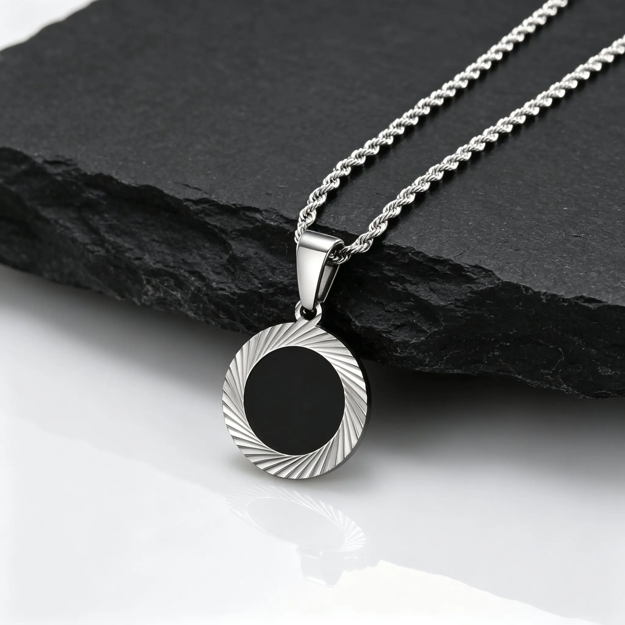 Punk Round Necklace for Men Boys,Embossing Radiation Sunburst Stainless Steel Necklace,Birthday Father Jewelry Gift