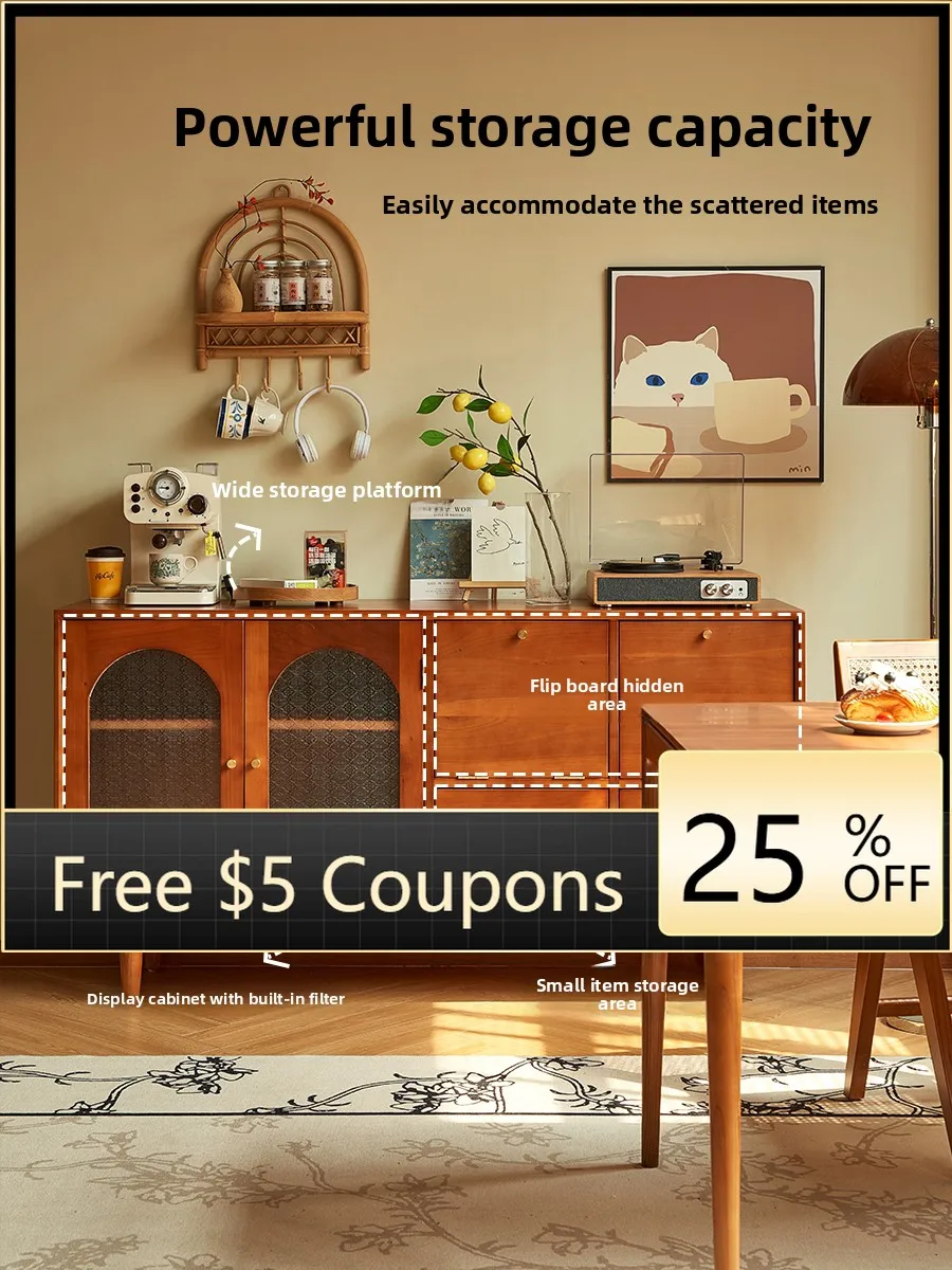 

LYY French Retro Solid Wood Boxwood Tea Cabinet Sideboard Small Apartment Living Room Wall-Mounted Vintage Style Storage Cabinet