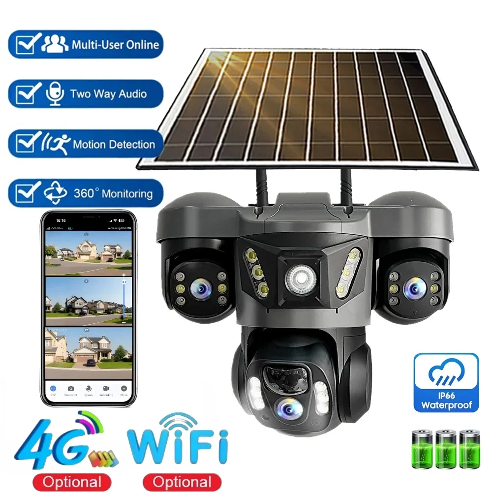 

4G Солнечная камера Wi-Fi Открытый 360 PTZ Трехобъектив Обнаружение движения Автоматическое отслеживание CCTV Ночное видение Водонепроницаемые камеры безопасности V380 Pro