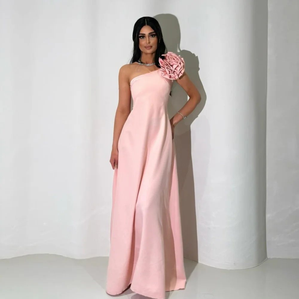 Customized Pink Modest Jersey Handmade Flower Pleat A-line One-shoulder Floor-Length Evening Dresses For Wedding Party Fashion