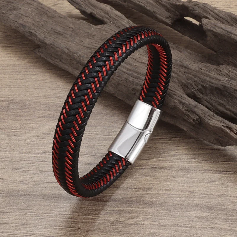 Fashionable and Simple Red Braided Leather Rope Bracelet Black Magnetic Buckle Bracelet for Men