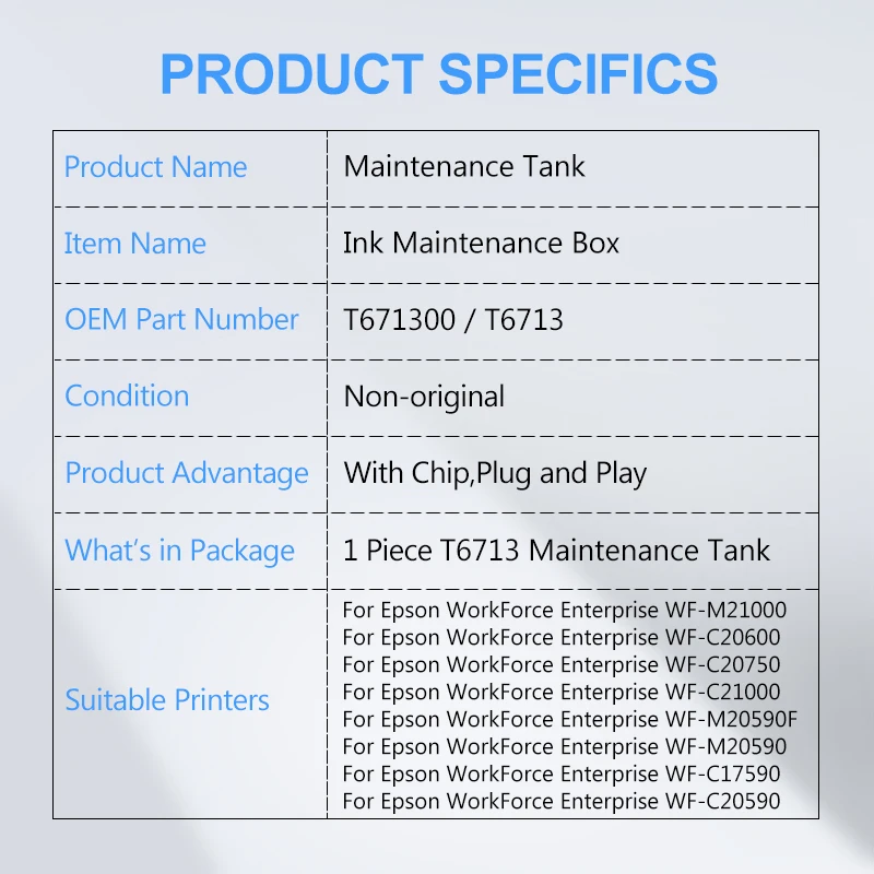 3 Stuks T671300 T6713 Onderhoud Box Afvaltank Voor Epson WF-M21000 WF-C20600 WF-C20750 WF-C21000 WF-M20590 WF-C17590 WF-C20590