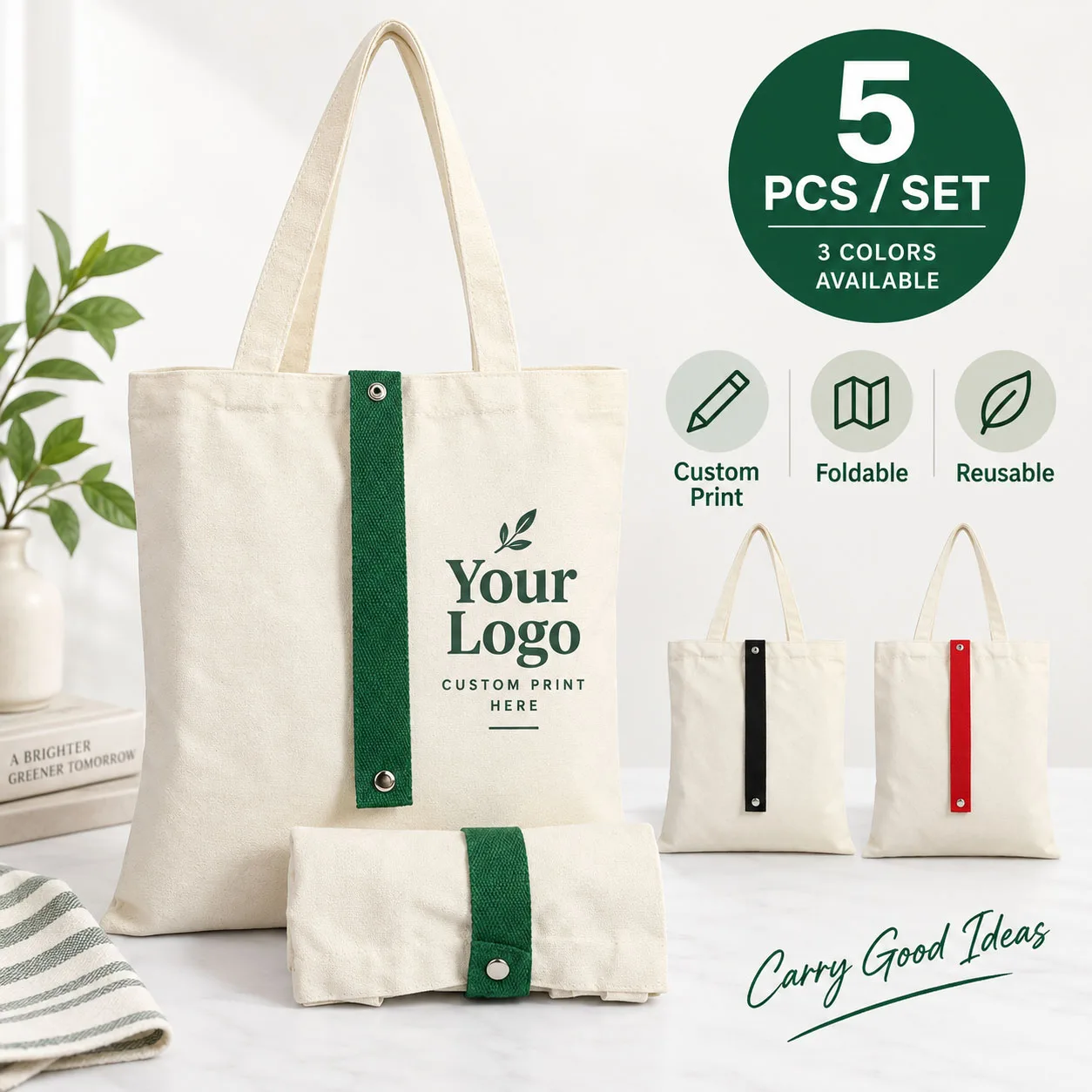 5PCS Custom Canvas Tote Bags Personalized Logo Foldable Shopper Bag Reusable Eco Bag White Promotional Shopping Bags Wholesale