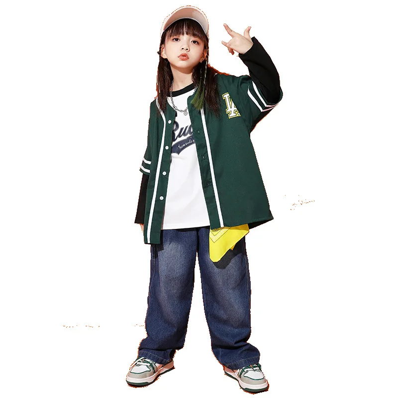 Roupas da moda infantil de dança de rua, roupas de beisebol infantis, conjunto de três peças, fantasia de performance de hip-hop para meninos e meninas
