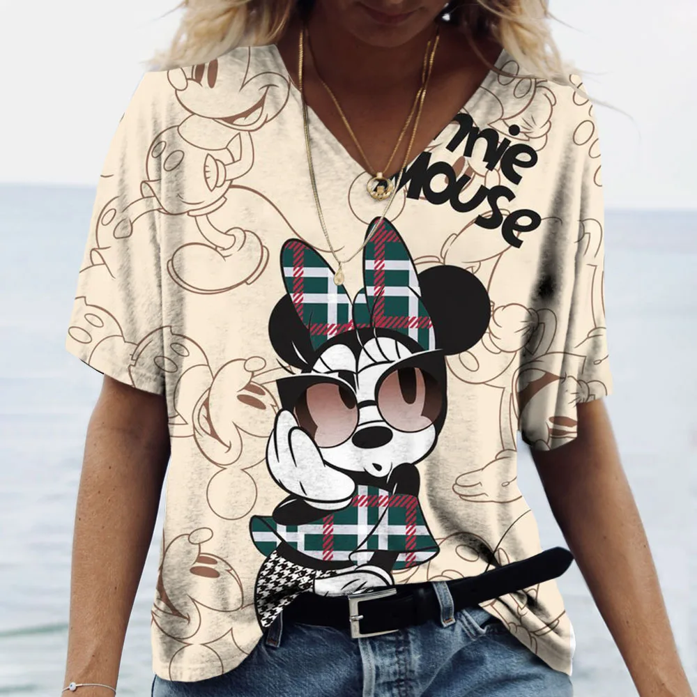 Disney Mickey Mouse Print T-shirt For Women Summer Girls Clothes Tees Female Harajuku Sweatshirt Blouse V-neck Short Sleeve Tops