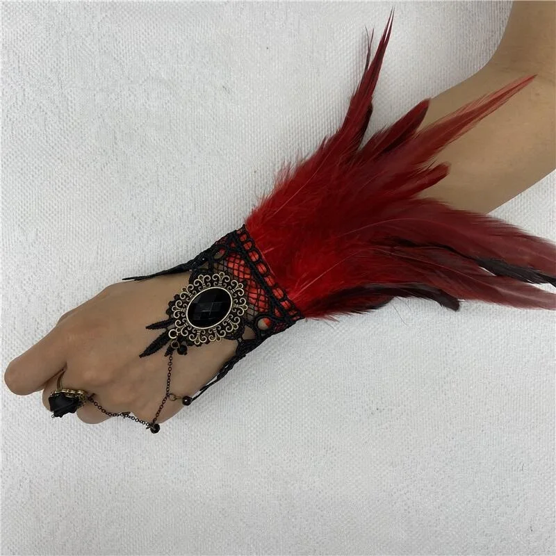 ฮาโลวีน Feather ถุงมือลูกไม้ fingerless Mittens Goth ชุดสำหรับพรหมสไตล์โกธิค Y2k แฟชั่นทองเหลือง knuckles ผู้หญิง Feather