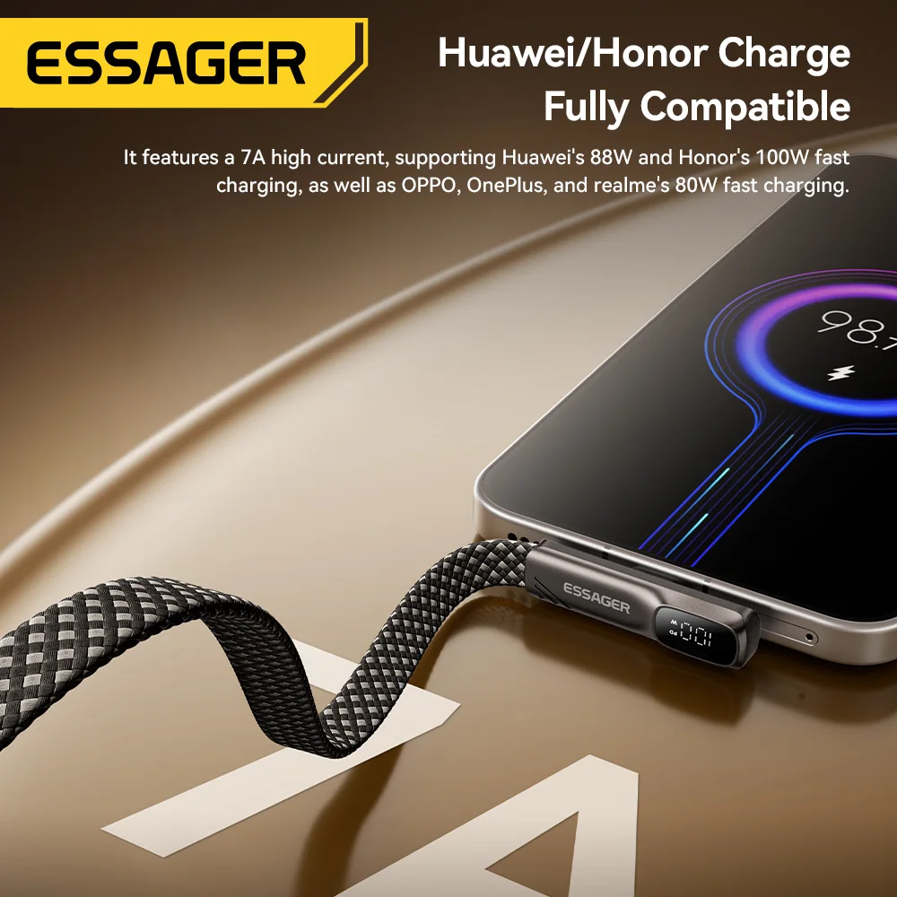 Kabel Essager 100W 7A USB Type-C do szybkiego ładowania z kątowym złączem 90 stopni, kabel USB C z cyfrowym wyświetlaczem danych do Samsunga, Huawei, Honor. — zdjęcie produktu 4