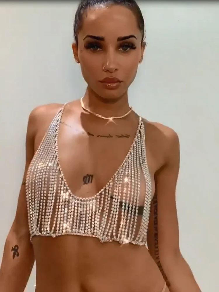 Sexy Rhinestone Fringe Tank Top for Women Stage Performance Club Party Sparkly Tassel Bra Top Belly Chain Jewelry Crop Top Camis