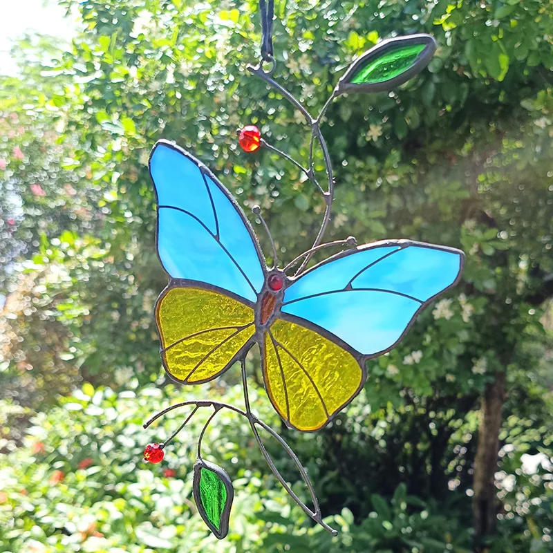 Cross-border new stained glass pendant, Amazon hot sale, colored glass, green plant plug-in ornament, handicraft customization