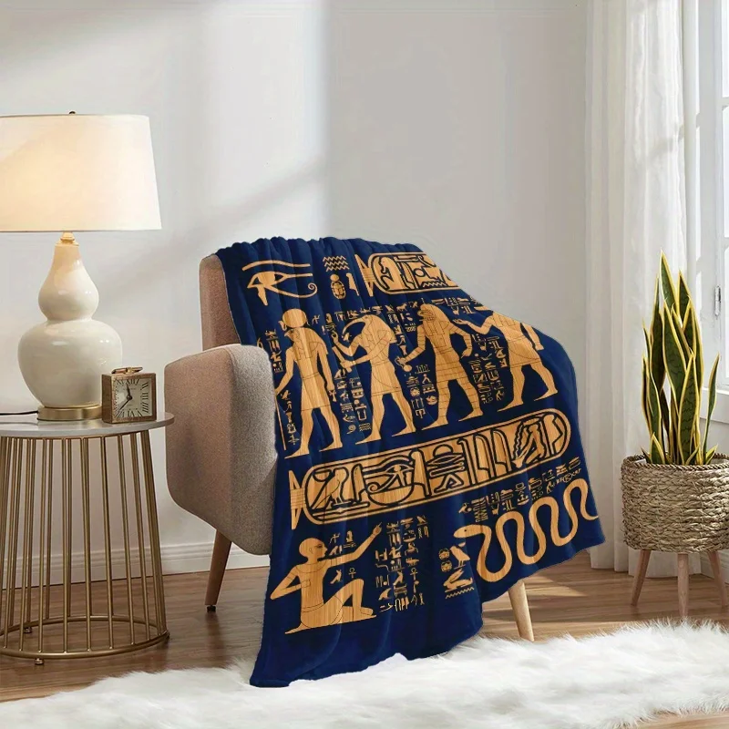 Luxury Egyptian Pharaoh Hieroglyphic Pattern Throw Blanket Boho Chic Decor Cozy Ancient Nile Mythology Bed Wrap