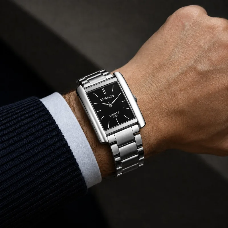 WoMaGe Square Men Watch Luxury Simple Stainless Steel Analog Male Quartz Clock Casual Business Wristwatches For Man Reloj Hombre