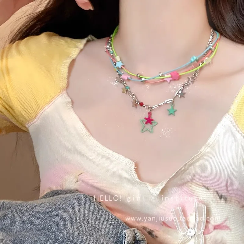 Necklace Multicolor Star Pendant Cute Edgy Stackable Choker Lightweight Silver Tone Alloy Unique Dainty Jewelry Women