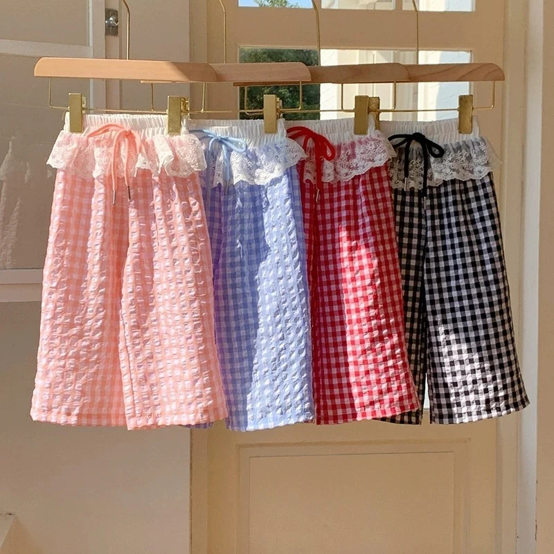 

Girls' Spring/Summer Thin Pants 2026 Korean Children's Clothing Girls' Checkered Loose Lace Edge Children's Wide Leg Pants