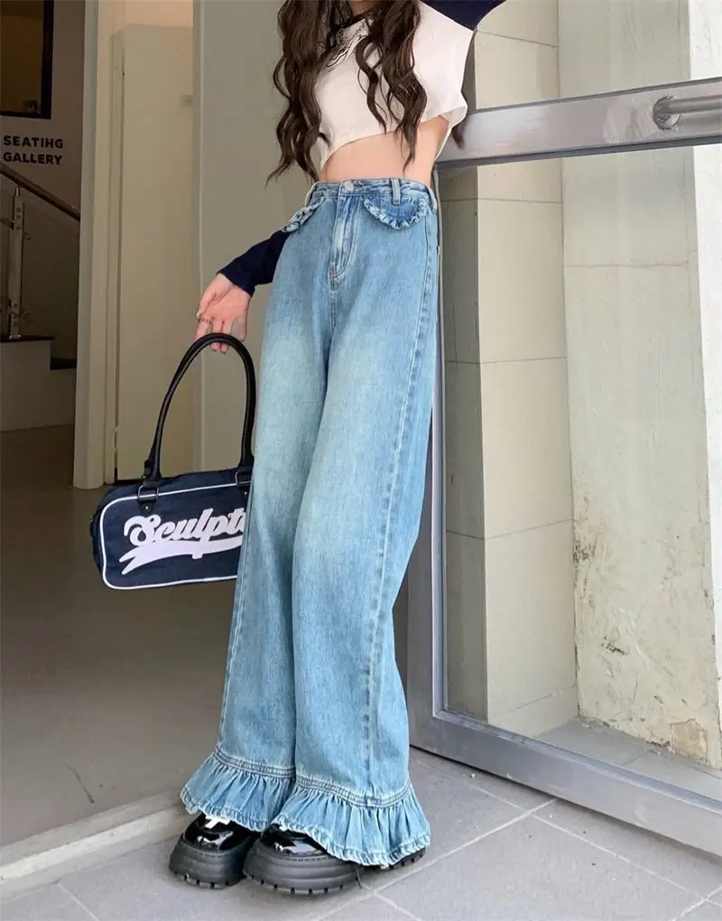 Pantalones vaqueros acampanados con volantes de cintura alta para mujer, ropa de calle Vintage Harajuku, pantalones de fregado de piso de mezclilla Retro