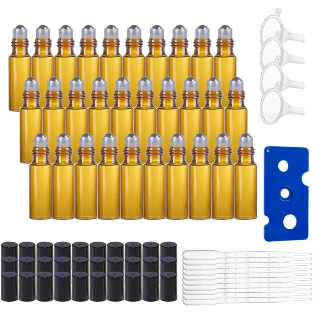 

30 Pack 5ml Amber Glass Essential Oils Roller Bottles with Steel Roller Balls 10Pcs 3ml Droppers 4Pcs Funnels 1Pc Openers