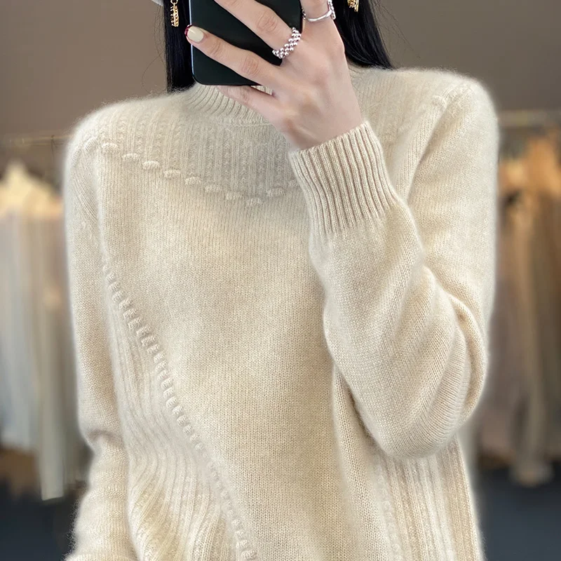 New Jacquard 100 Cashmere Sweater Women\'s Half Turtleneck Thickened Bottoming Sweater Loose Pullover Knitted Sweater Spring