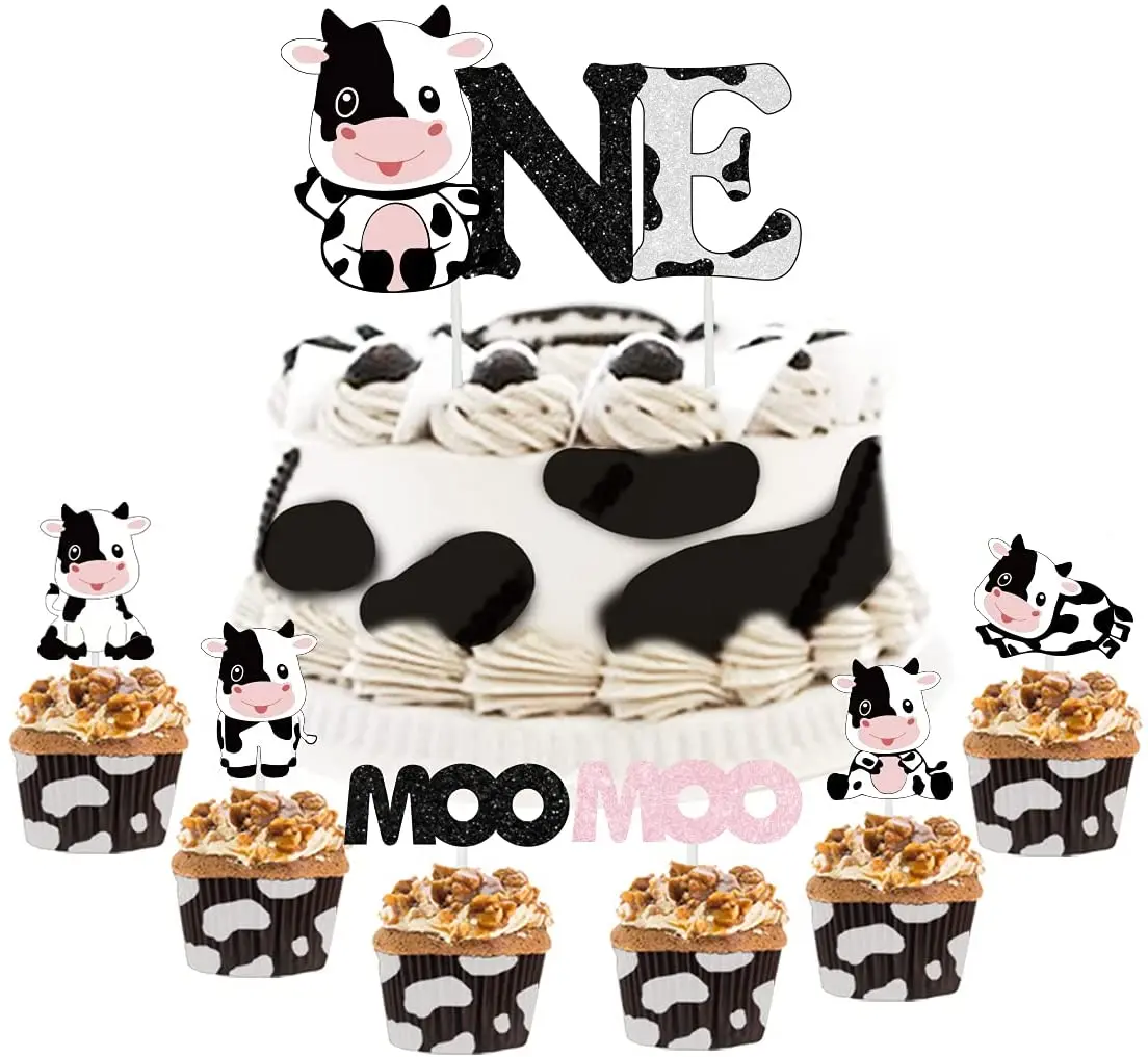 

25 Pcs Cow 1st Birthday Cake Topper Farm Animal Cupcake Toppers for Boy Girl First Birthday Decorations Barnyard Party Supplies