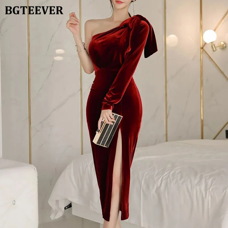 BGTEEVER Autumn Winter Elegant Slash Neck Women Split Bodycon Velvet Dress Stylish Long Sleeve Slim Women Package Hip Dress