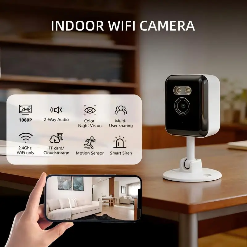 

Камера видеонаблюдения для помещений 1080P с Wi-Fi 2.4G, ночным видением, двусторонней связью, AI-детектором движения, оповещением о присутствии людей и животных, управлением через приложение