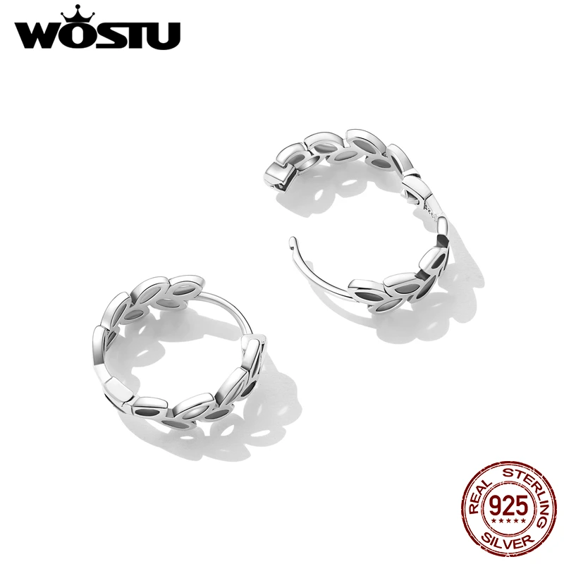 WOSTU 100% Real 925 Sterling Silver Fashion Hollow Out Leaf Earrings For Women Simple Hoop Earrings Fine All-match Jewelry Gifts