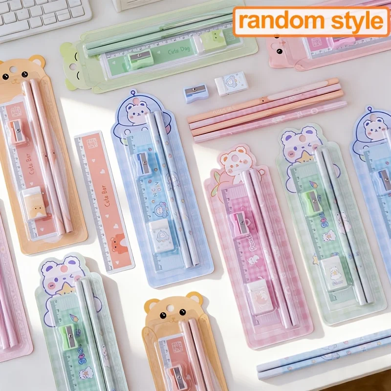 4/8-Piece Cartoon Stationery Set, Random Styles, Includes Erasers, Pencils, Supports Sharpening, and a Pencil Sharpener, Suitable for Study, Office, Classroom Rewards, Christmas Gifts, Christmas