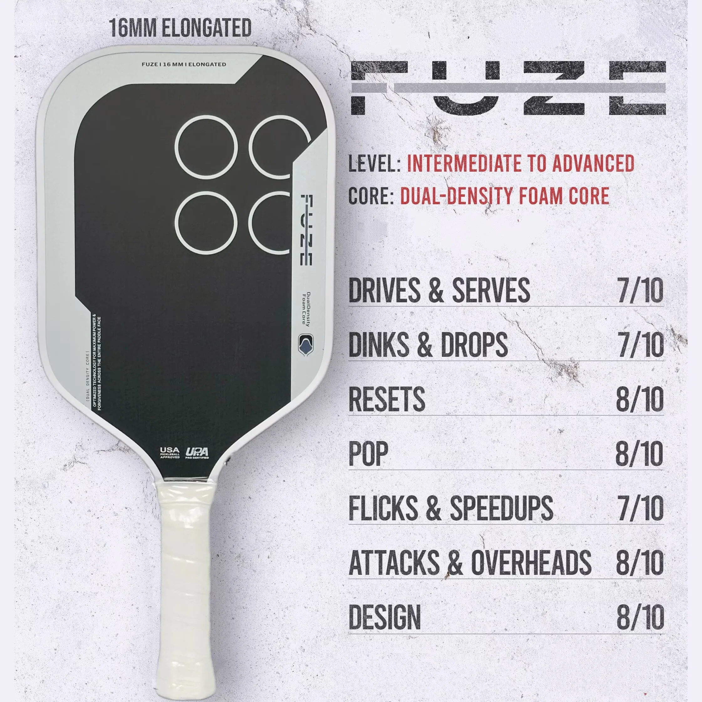 

FUZE Pickleball Paddle, T700 Carbon Fiber Textured Surface, Polymer Honeycomb Core 16MM, Balanced Power&Spin&Control