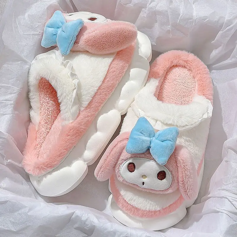 Sanrios Anime Cartoon Kuromi My Melody Cotton Slippers Ins Girl's Heart Kawaii Thick Sole Warm Simple Plush Slippers Gifts