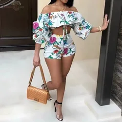 Summer Printed Fashion Short Sets Women's Off Shoulder Long Sleeved T-shirt Casual Shorts Two Piece Set