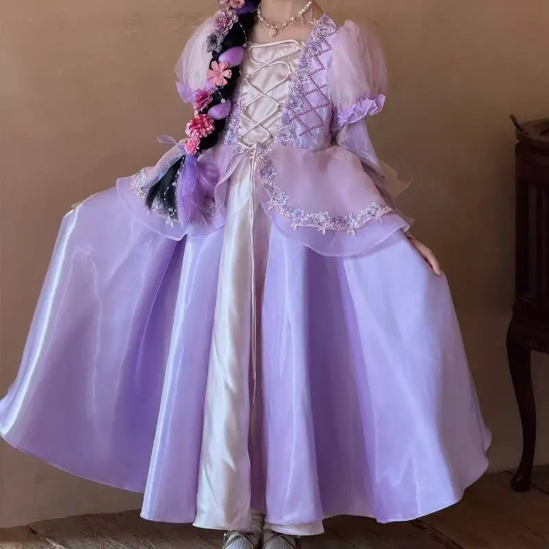 Rapunzel Princess Dress for Girls Puff Lace Floral Appliqué Purple Satin Ball Gown Kids Birthday Party Wedding Pageant Costume