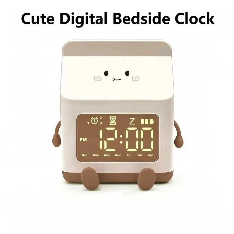 Milk Carton Alarm Clock Multifunctional LED Digital Clock Time Date Week Display Voice Control 3 Alarms Cute Kids Bedside Clock