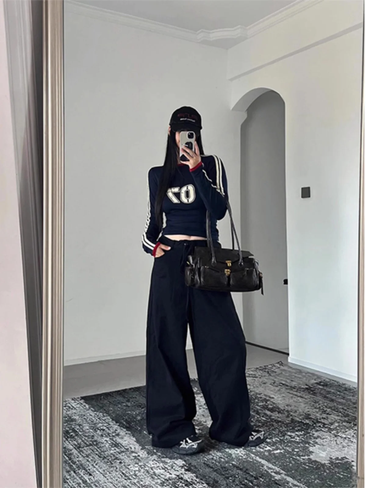 Retro American Blue Long Sve T-irt Women's Slim Fit Double Bar Color Blo Top for Early Autumn Korean Sle Commute