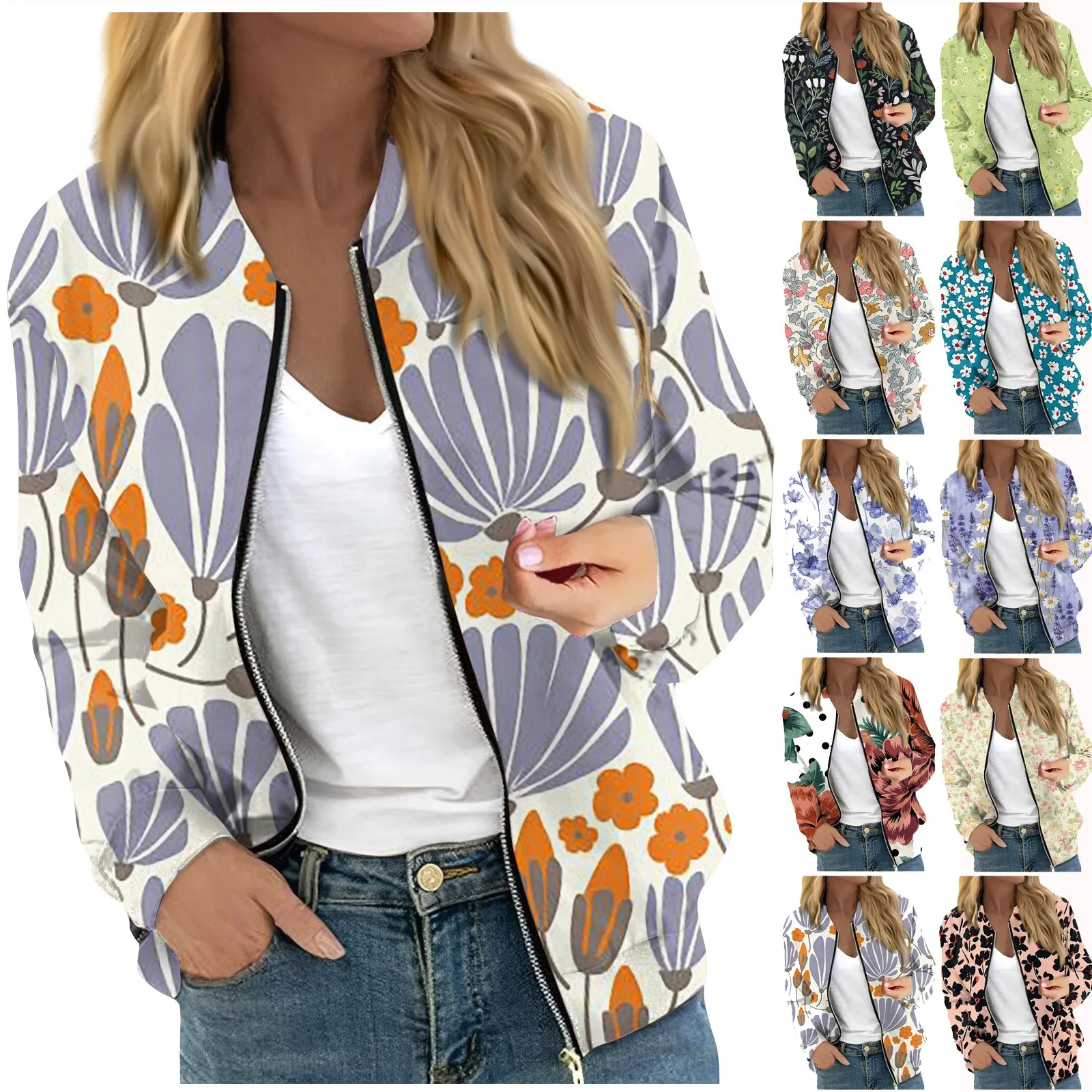 سترة سحاب بأكمام طويلة غير رسمية للنساء ، رقبة مستديرة ، مطبوع عليه زهور ، ورقة ، يومية ، متعددة الاستخدامات ، موضة ، خريف ، شتاء ، جديد ، 2023