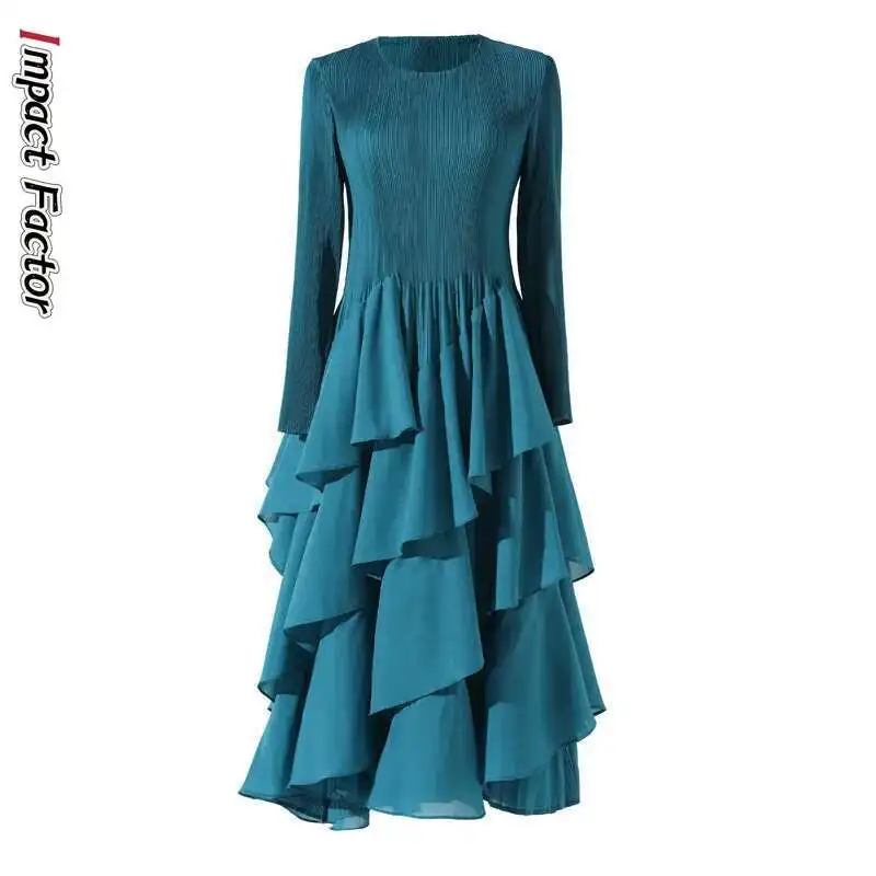 

Miyake Elegant Pleated Long Dress for Women Round Neck Long Sleeves Ruffles A-line Dresses Fashion 2025 Spring New