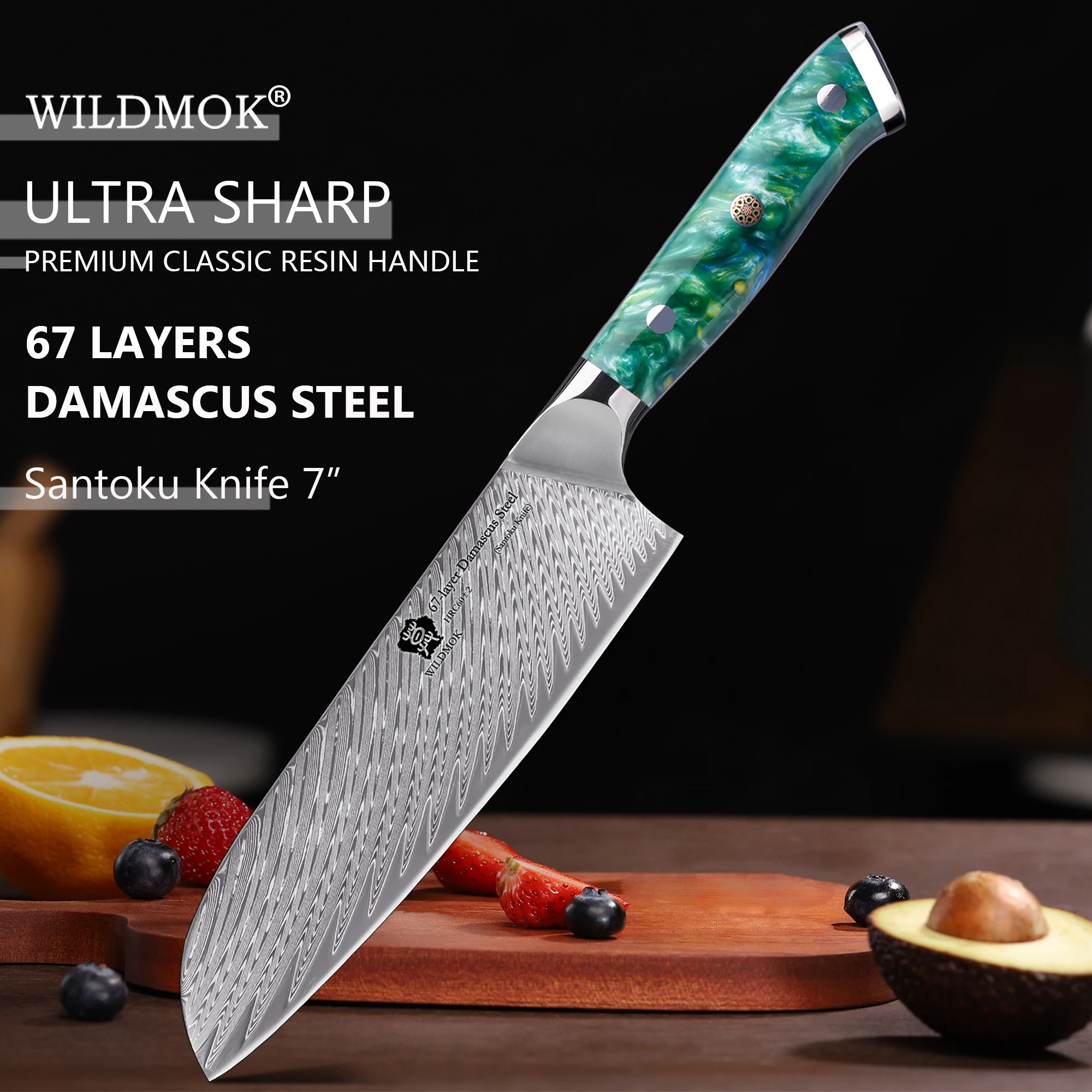 

WILDMOK Santoku Knife, 7"Japanese Damascus Forged Kitchen Knife, Professional Meat Cleaver Knife, Ergonomic Resin Handle