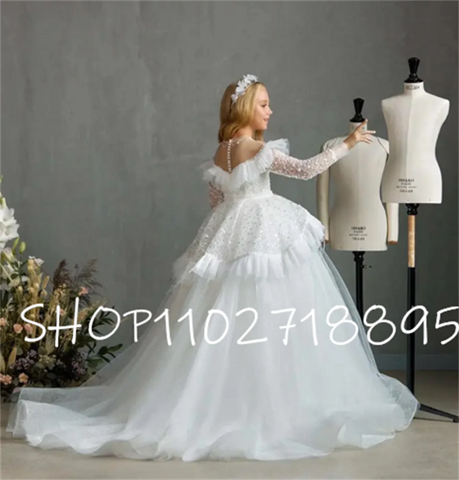 Glitter Tulle White First Communion Dress for Girls Floral Ball Gown Princess Full Sleeve Prom Pageant Gown Flower Girl Dress