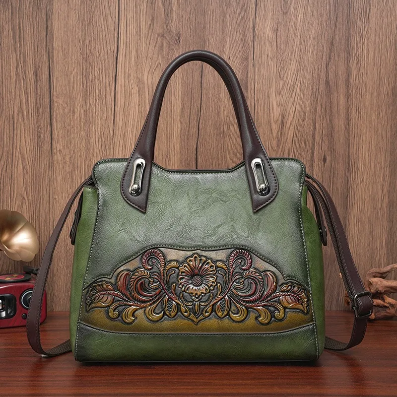 

Chinese Style Floral Embossing Tote Bags Large Capacity Vintage Women Shoulder Crossbody Bags For Travel Commuting Handbags