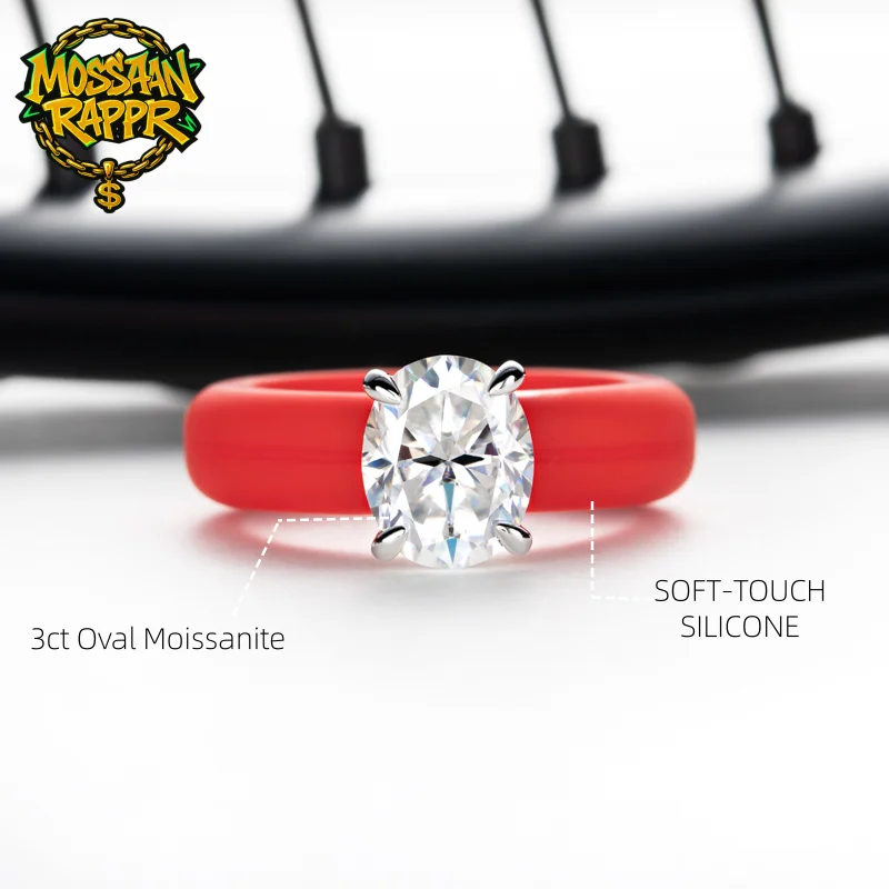 

MossanRappr 3ct Oval Cut Moissanite Silicone Ring 925 Sterling Silver Solitaire Engagement Ring for Women Rubber Wedding Bands