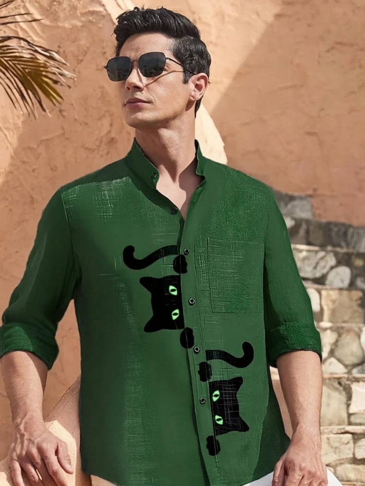 

Мужские блузки, праздничная рубашка с длинными рукавами и пианино, черный кот, кленовые листья, цветные блоки, лоскутная рубашка с художественным принтом, осень 2024, туники в стиле Харадзюку