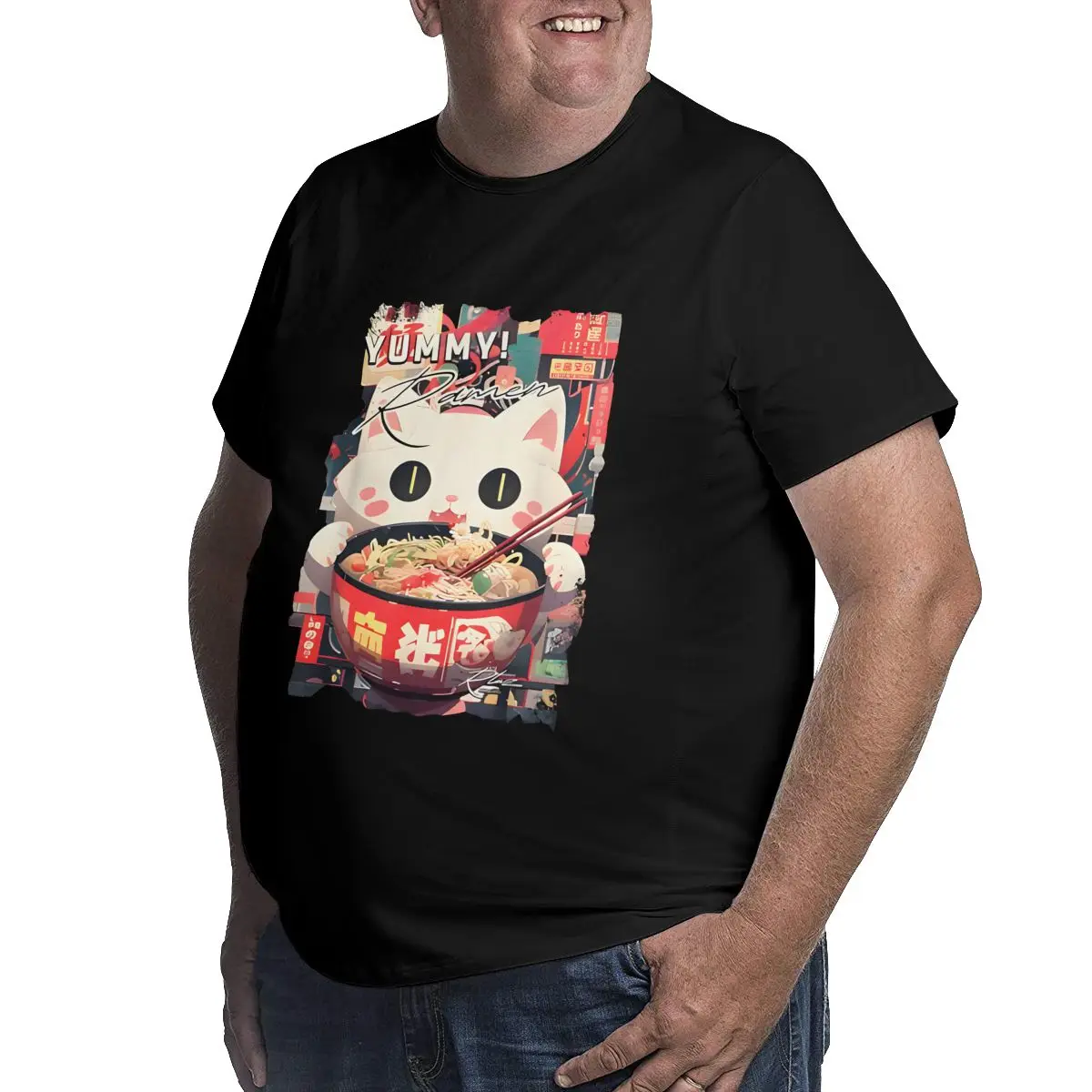 Funny Cat Yummy Ramen Big Size Men's T-shirt Cotton Short Sleeve Top Tees Plus Size T Shirts for Big and Tall Clothing