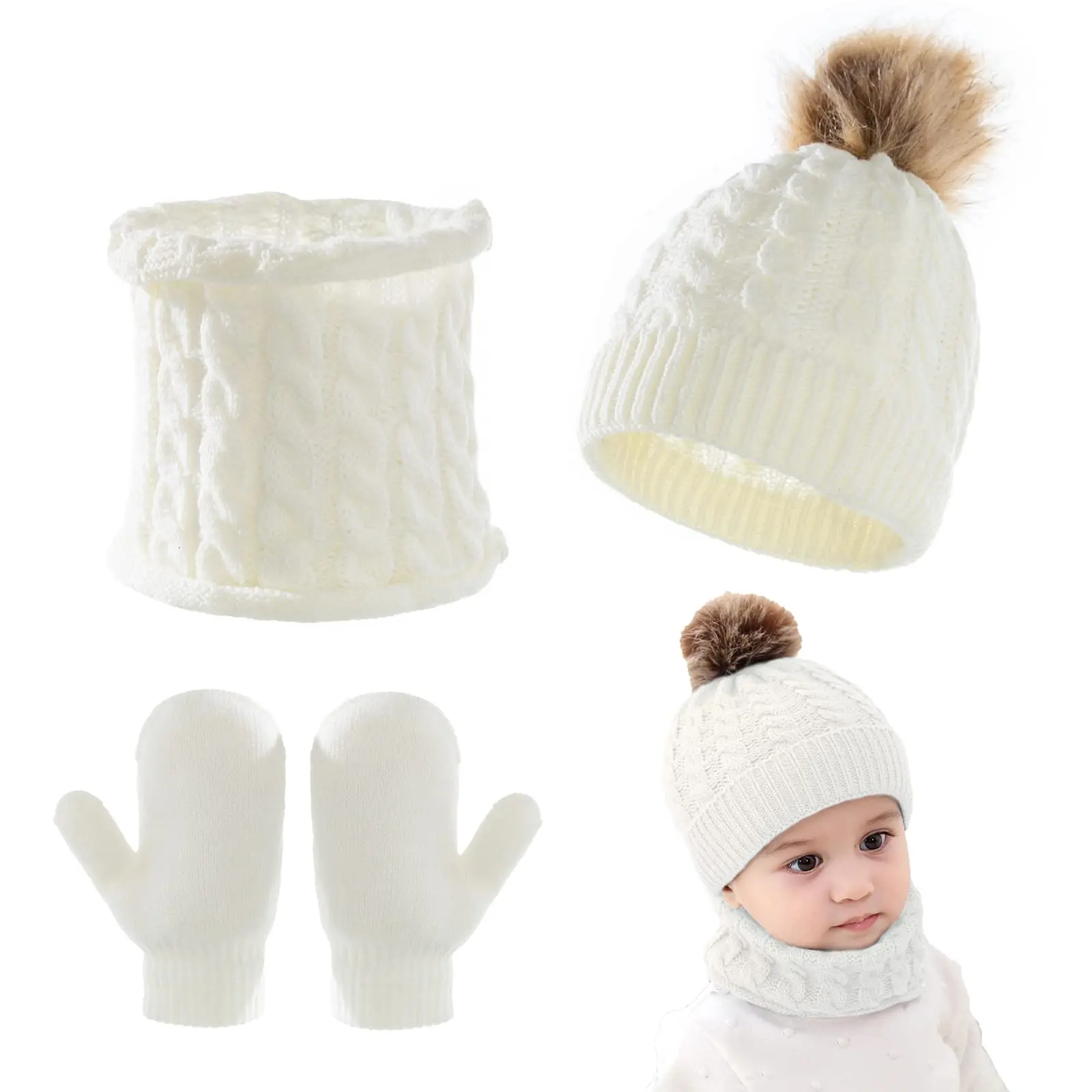 

3Pcs/Set Cute Hat Scarf Gloves Set Solid Color Caps Winter Warm Accessories for Kids 0-3 Years Boys Girls
