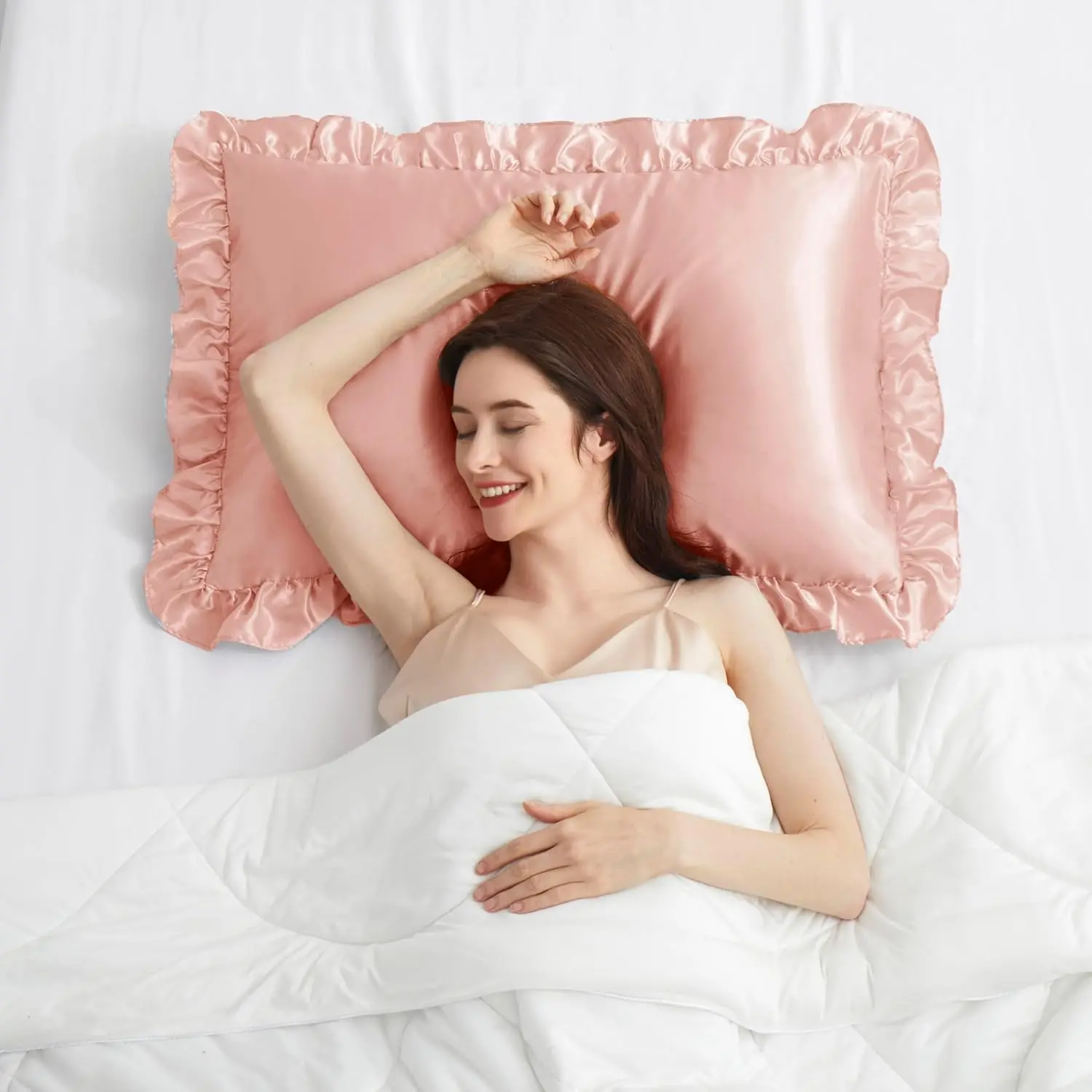2Pcs Satin Ruffled Pillow Cases for Hair and Skin, Solid Color Silk Pillowcases with Envelope Closure Princess Room Decoration view 6