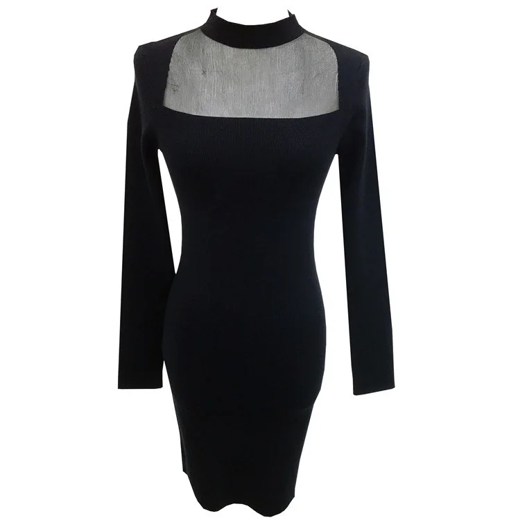 6663 Sukienka z półgolfem, prześwitująca siateczka, czysta sensualność, seksowna, wyszczuplająca talię, elastyczna, dzianinowa, do noszenia pod ubraniem, obcisła, krótka spódniczka