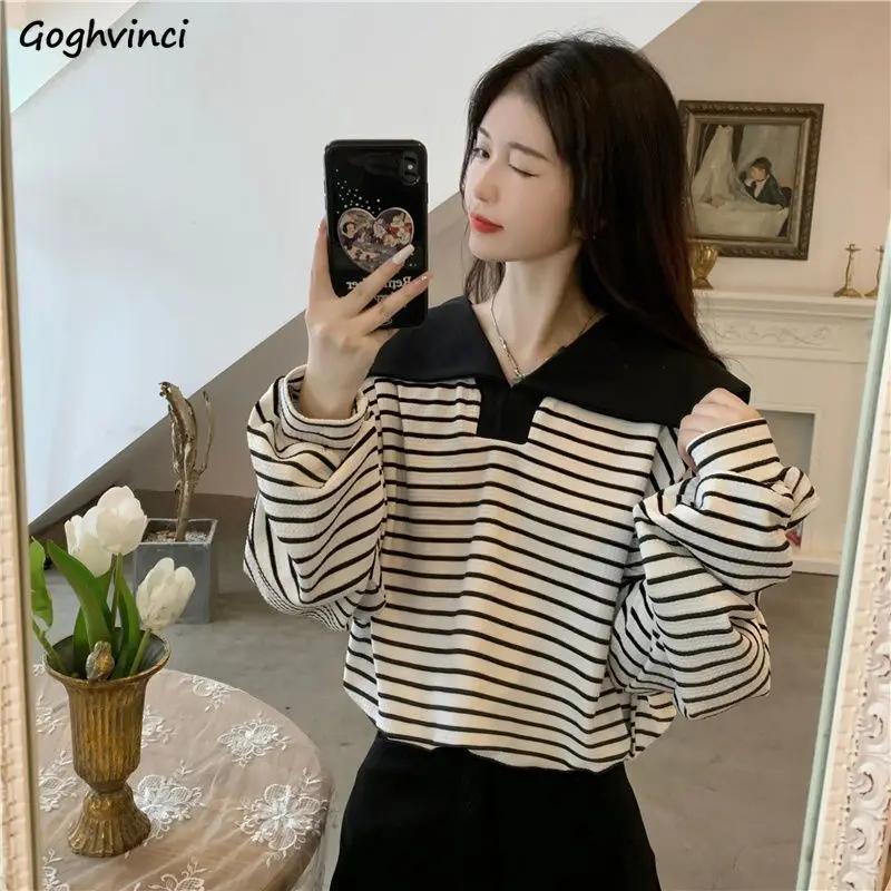 

Lapel Sweatshirts Women M-4XL Baggy Classic Unisex BF Ulzzang Vintage Autumn Striped Harajuku Students Gentle Streetwear Leisure