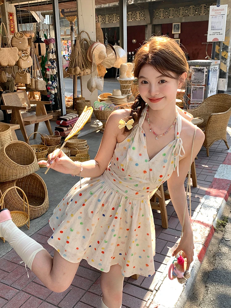 2024 Summer Sweet Y2k Mini Dress Women Casual Sleeveless Dot Short Party Dress Beach Style One Piece Dress Korean Fashion Chic