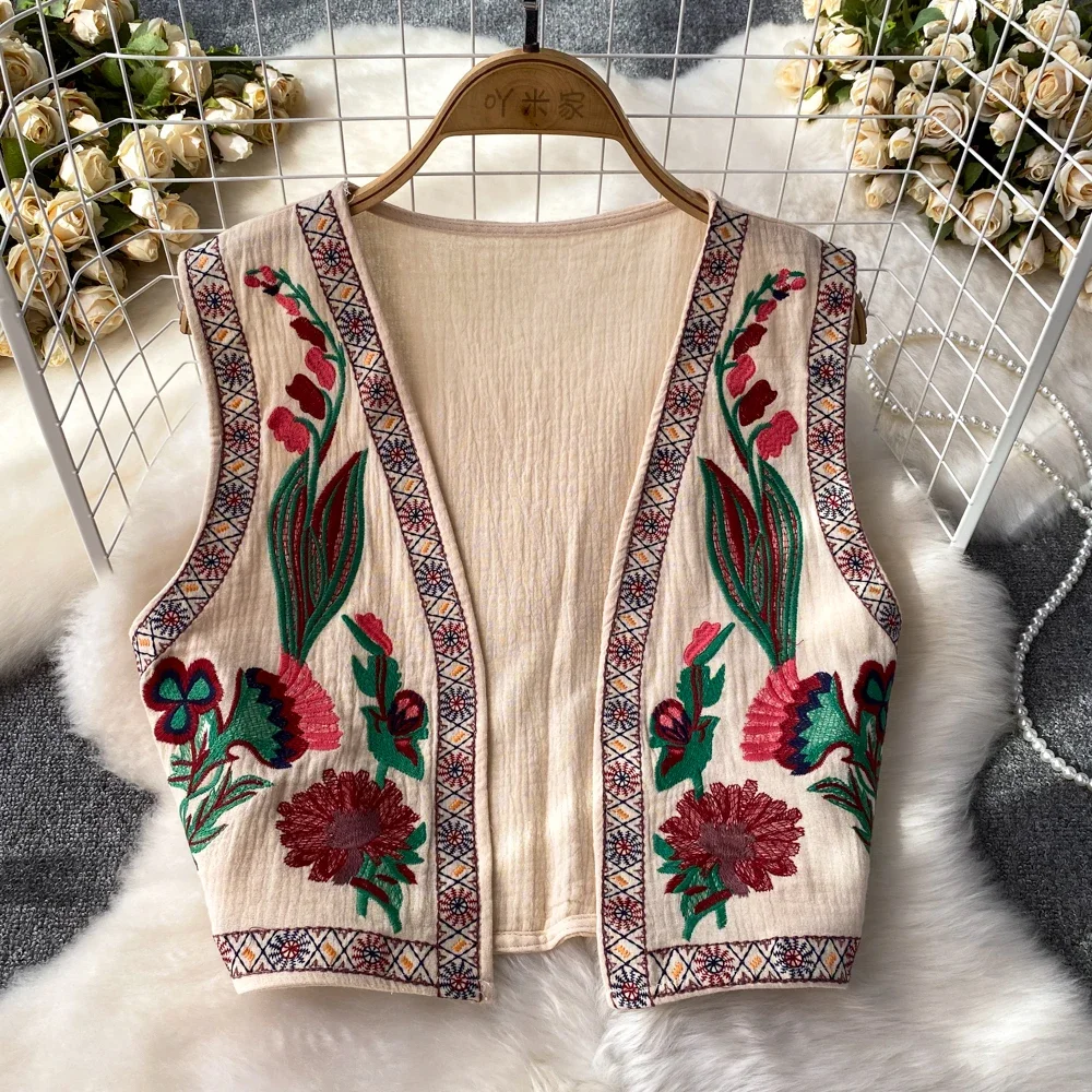 Crochet Top Embroidery Floral Tank Tops Knitted Women V-neck Folk Fashion Vest for Woman Vintage Spring Autumn Almighty Dropship