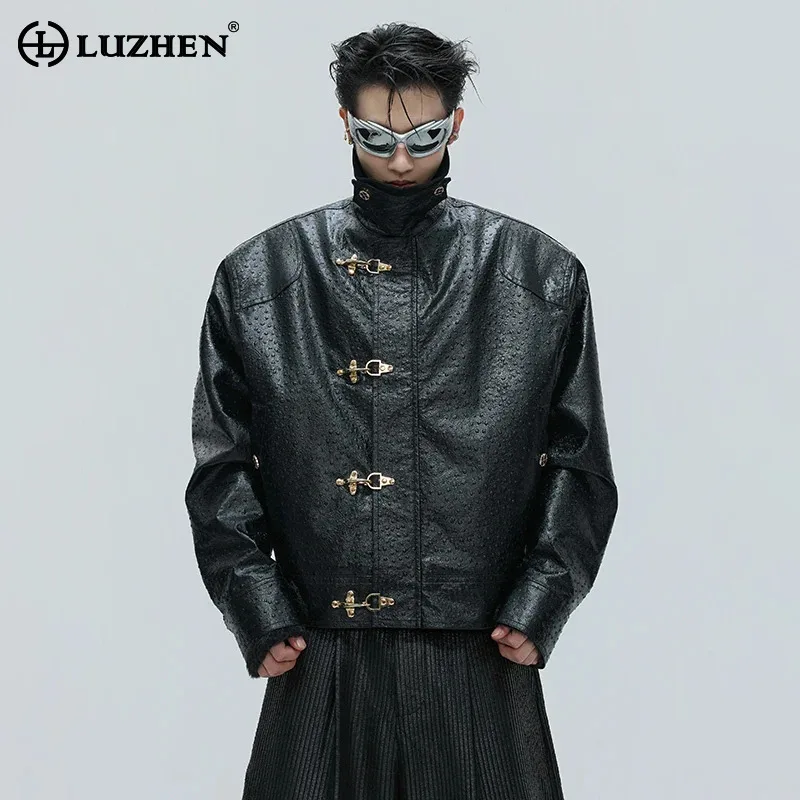 LUZHEN Personalized Cross Buttoned Placket Stand Neck Leather Jacket Men's 2025 New Original Fleece Liner Street Clothes JY4801