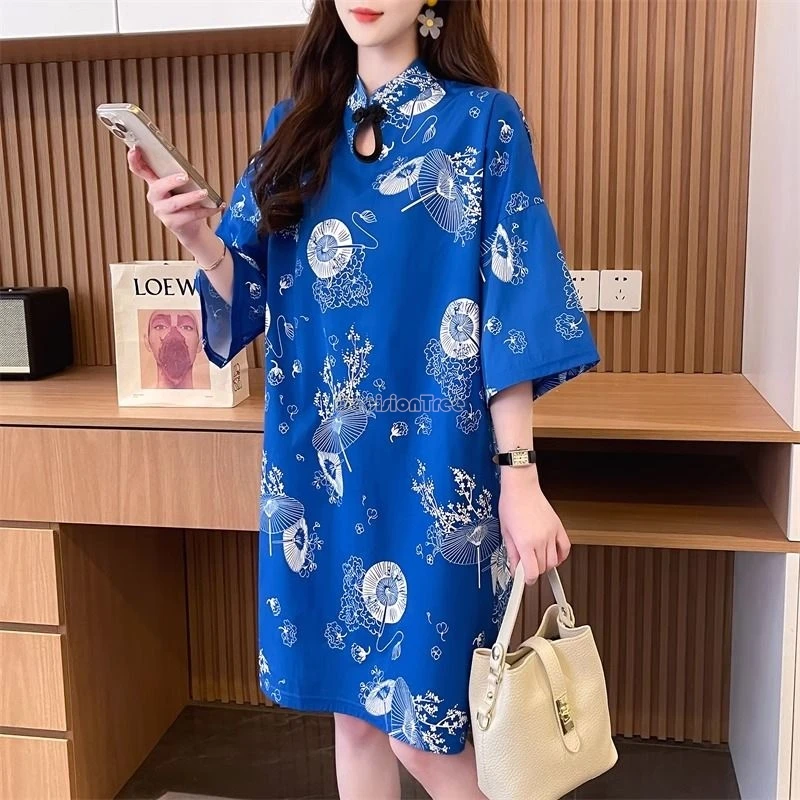 

2024 summer chinese retro fashion style improved printed cheongsam dress short-sleeve stand collar loose style qipao shirt w484