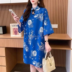 2025 summer chinese retro fashion style improved printed cheongsam dress short-sleeve stand collar loose style qipao shirt w484