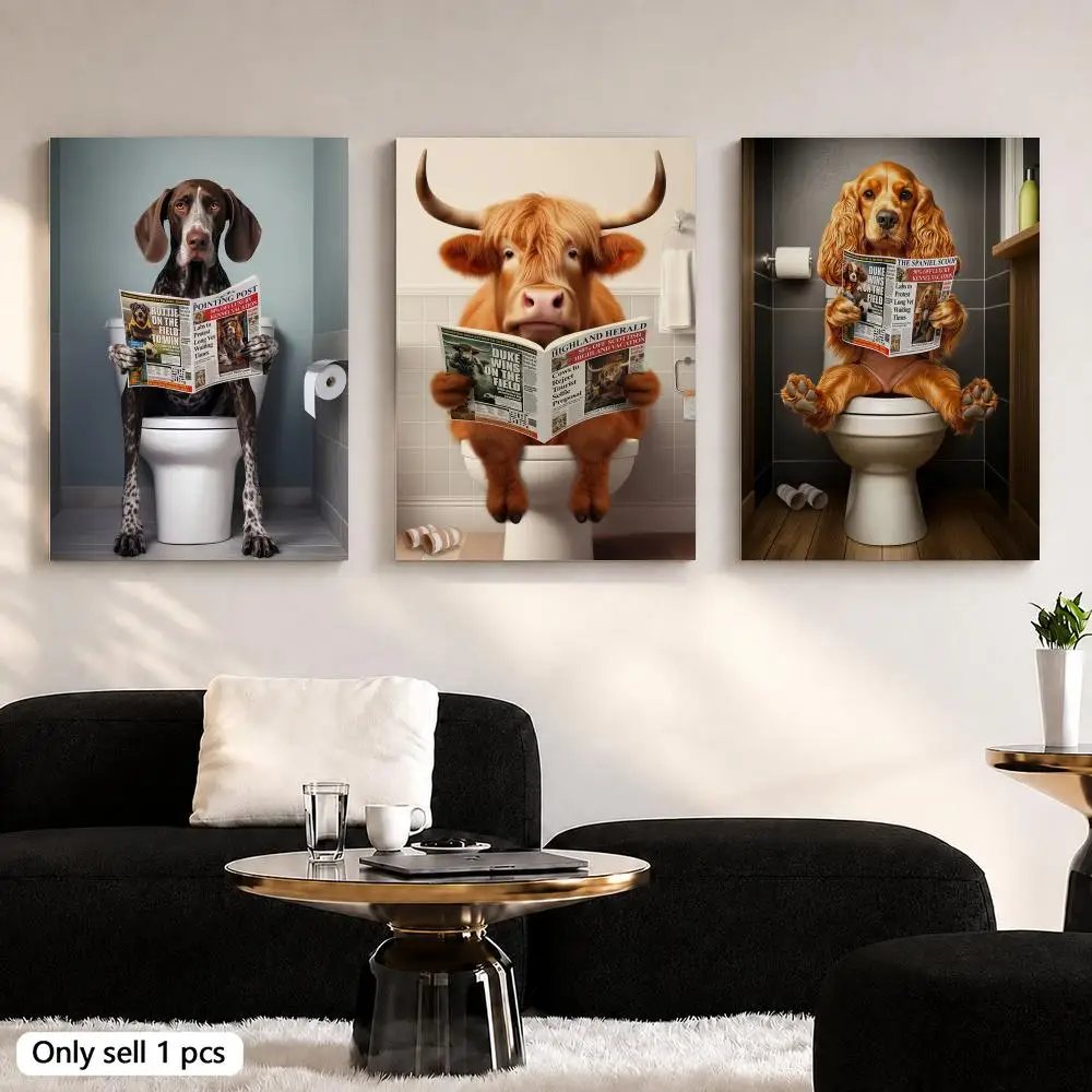 Cats Dogs Animal on the Toilet Framed Wall Painting Canvas Art Poster Solid Wood Frame for Room Living Home Decor