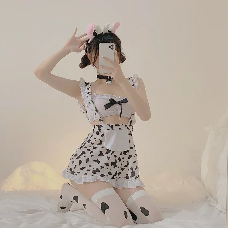 Lolita seksi iç çamaşırı Backless Ruffles kadınlar inek Cosplay kostümleri baskı japon hizmetçi üniforma Tempatation iç çamaşırı Mini elbise